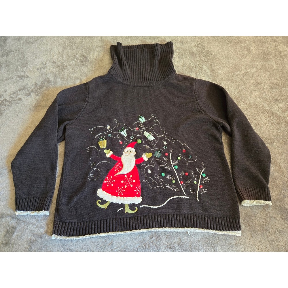 CJ Banks Santa Christmas Sweater Women 1X Brown Good Hand Embroidered Turtleneck